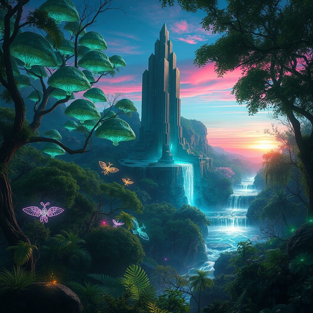 Cyberpunk Bioluminescent Forest with Digital Sunrise