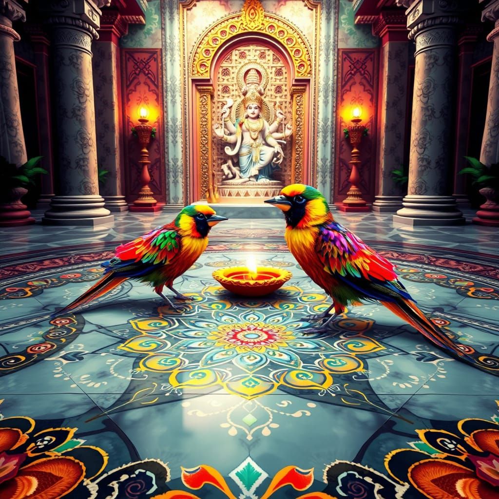 Vibrant Diwali Patterns Unite Tropical Birds and Deity