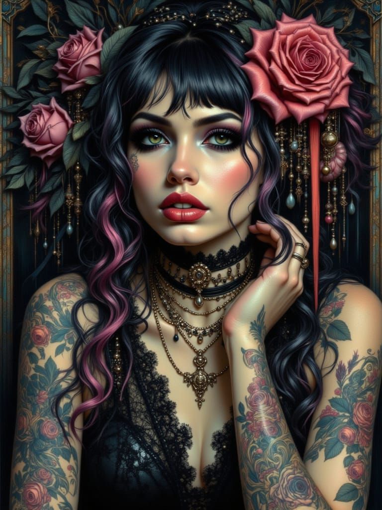 Goth Punk Woman with Pinup Tattoos, Colored Pencil Sketch