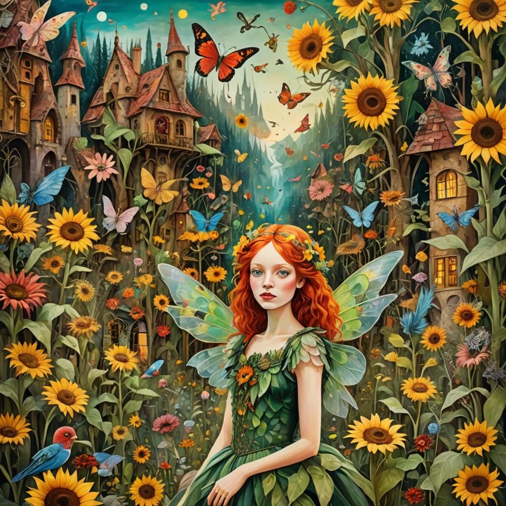 Surreal Fairy Village Dreamscape with Winged Fairy