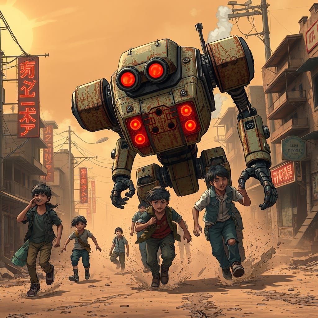 Rusty Robot Chases Mischievous Kids in a Decaying Town