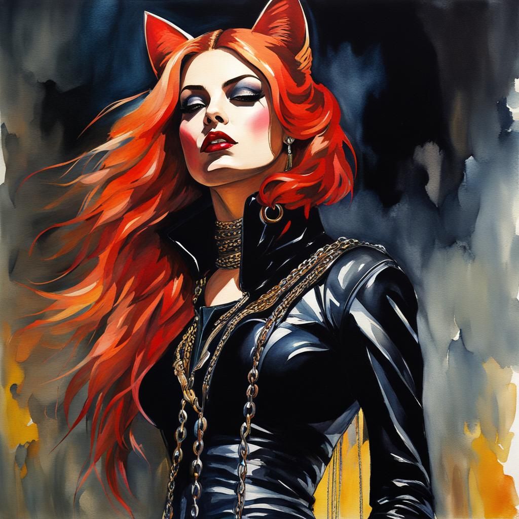 Gothic Catwoman in Dark Watercolor Style