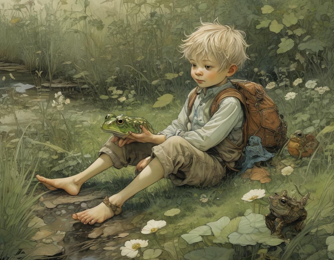Boy and Frog in Grassy Field, Fantasy Art