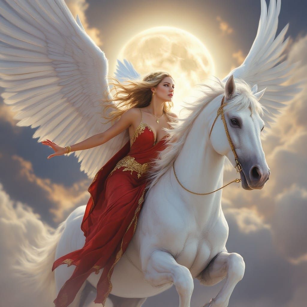 Ethereal Goddess Rides Majestic Pegasus Under Celestial Moon...