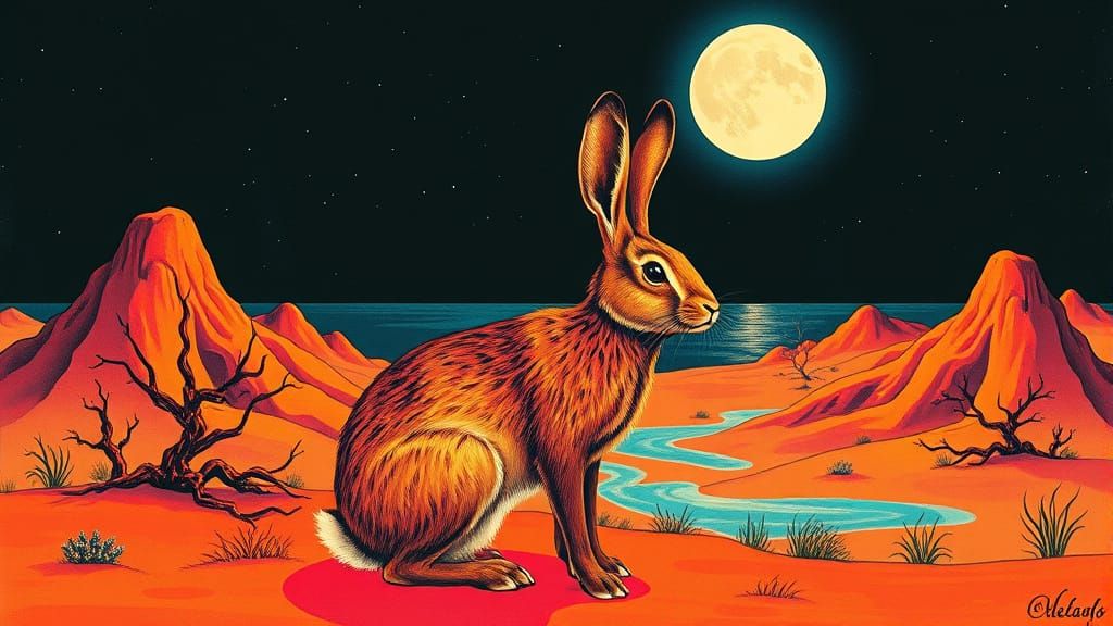 Surrealist Moonlit Jackalope in Blocky, Psychedelic Hues