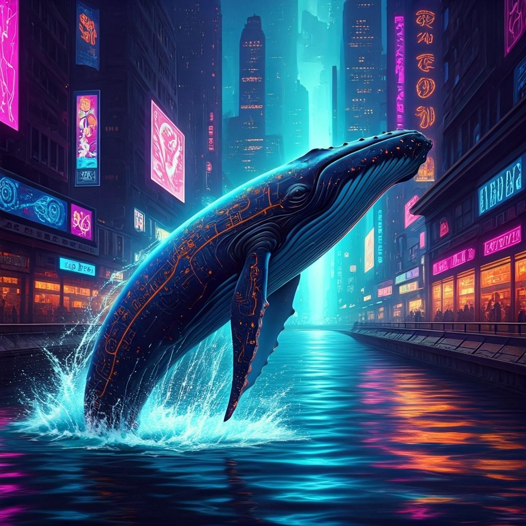 Cyberpunk Whale Breaches Neon Canal City