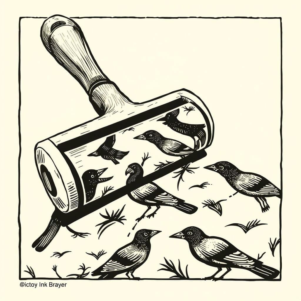 Vintage-Style Ink Brayer Roller with Crow Engravings in Folk...