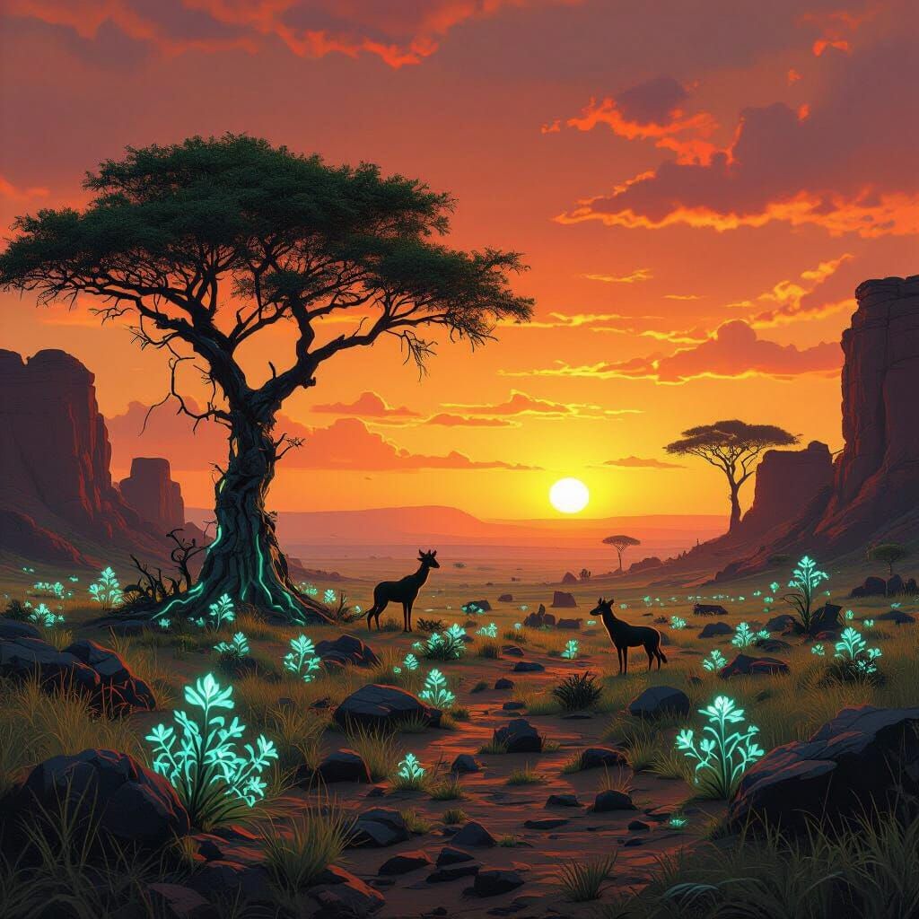 Eerie African Savannah Landscape in Dystopian Realism