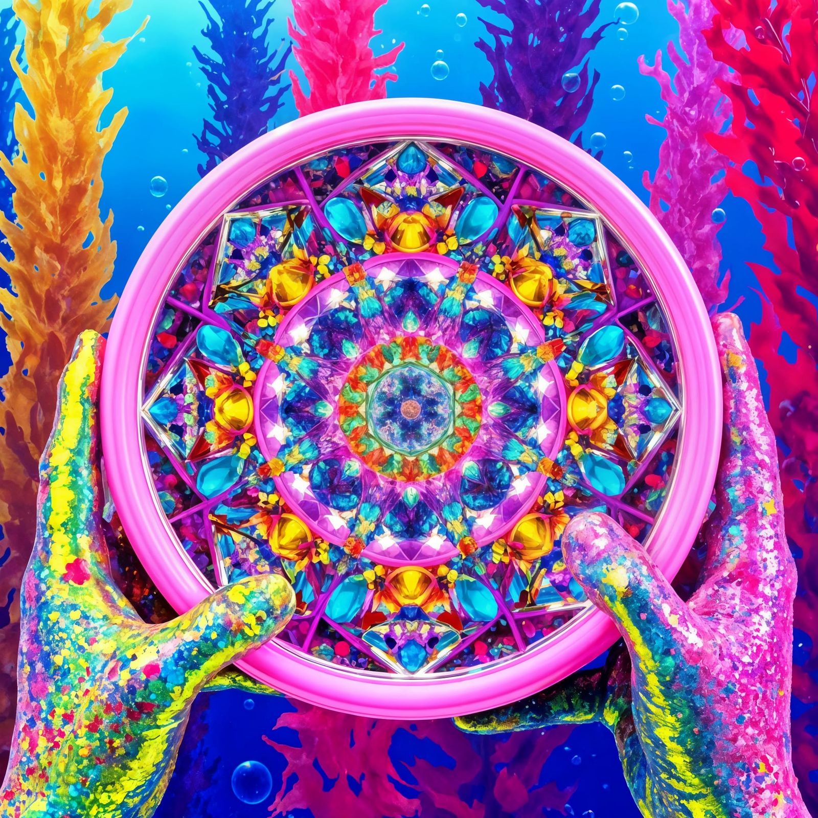 Kaleidoscopic Fractal of Sea Life in Vaporwave Style
