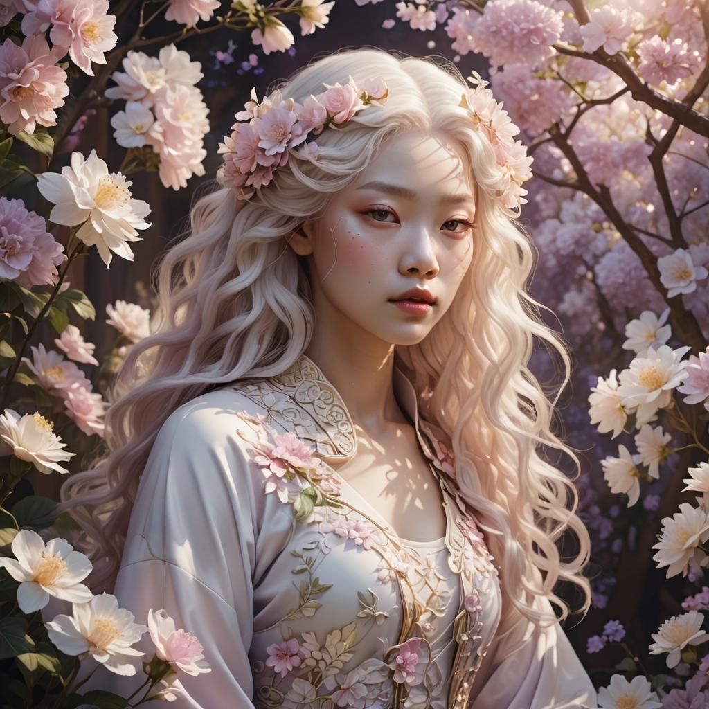 Ethereal Asian Albino Woman in Floral Fantasy Art
