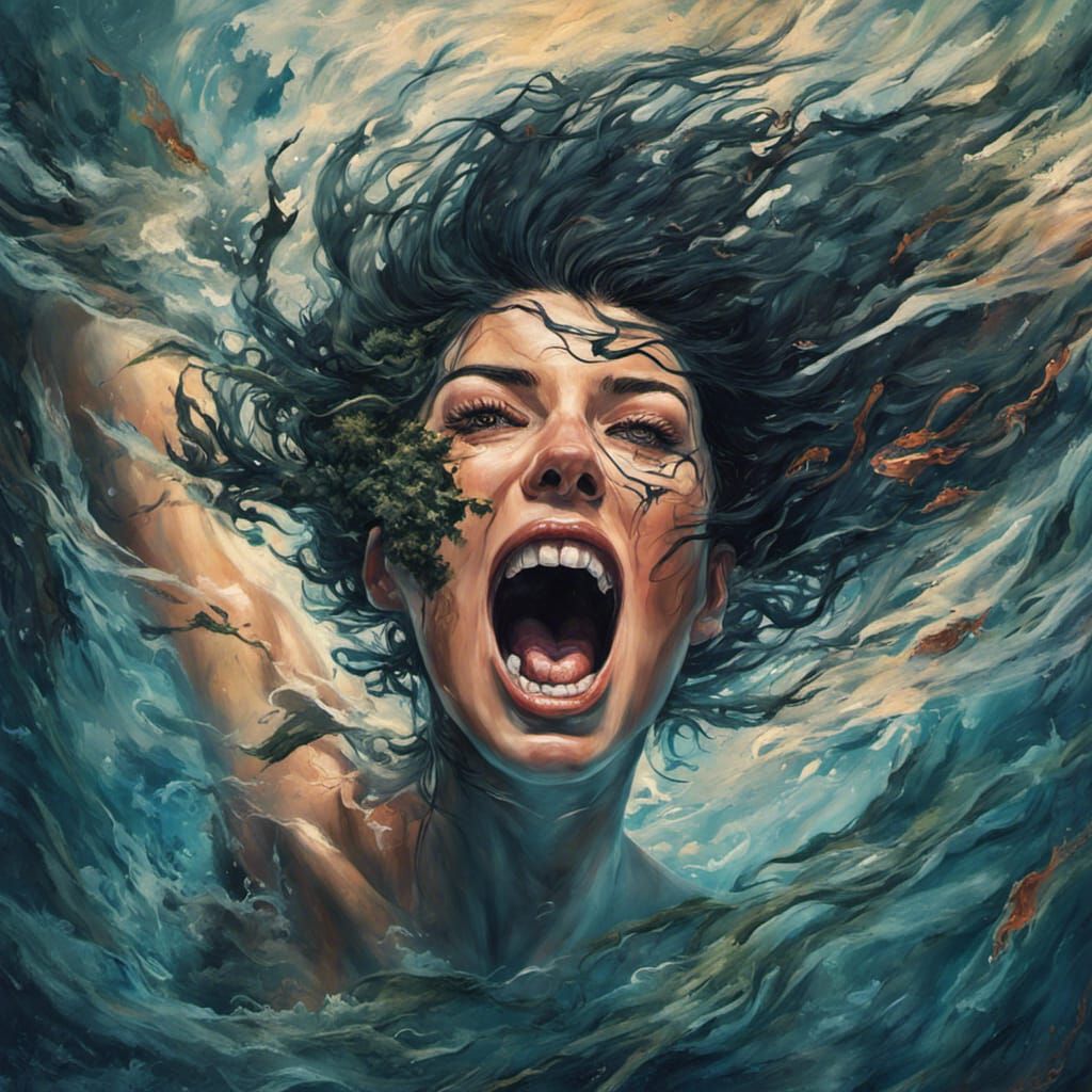 Screaming Woman Underwater: Detailed Acrylic Painting