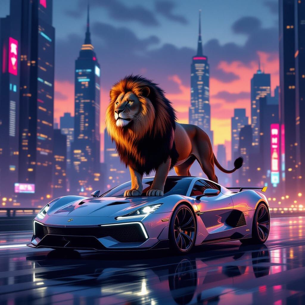 Majestic Lion on Futuristic Car in Neon City