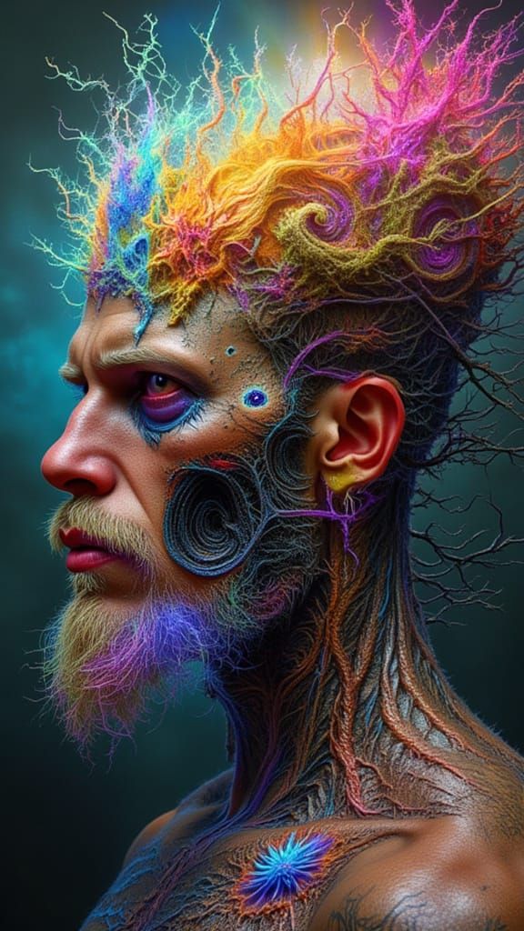 Fractal-Faced Man in Surreal Optical Illusion Dreamscape