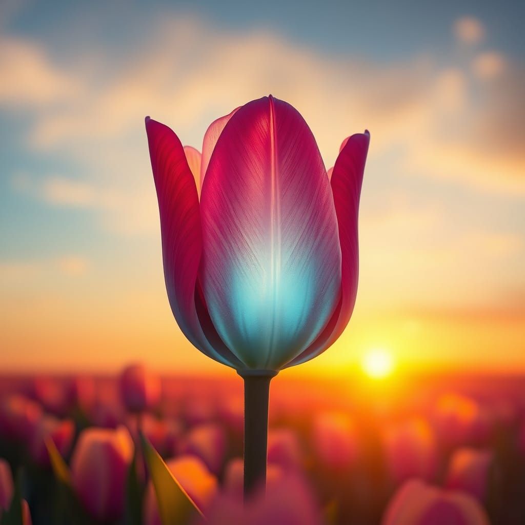 Surreal Crystal Tulip Blooms in Sunset Water Scene