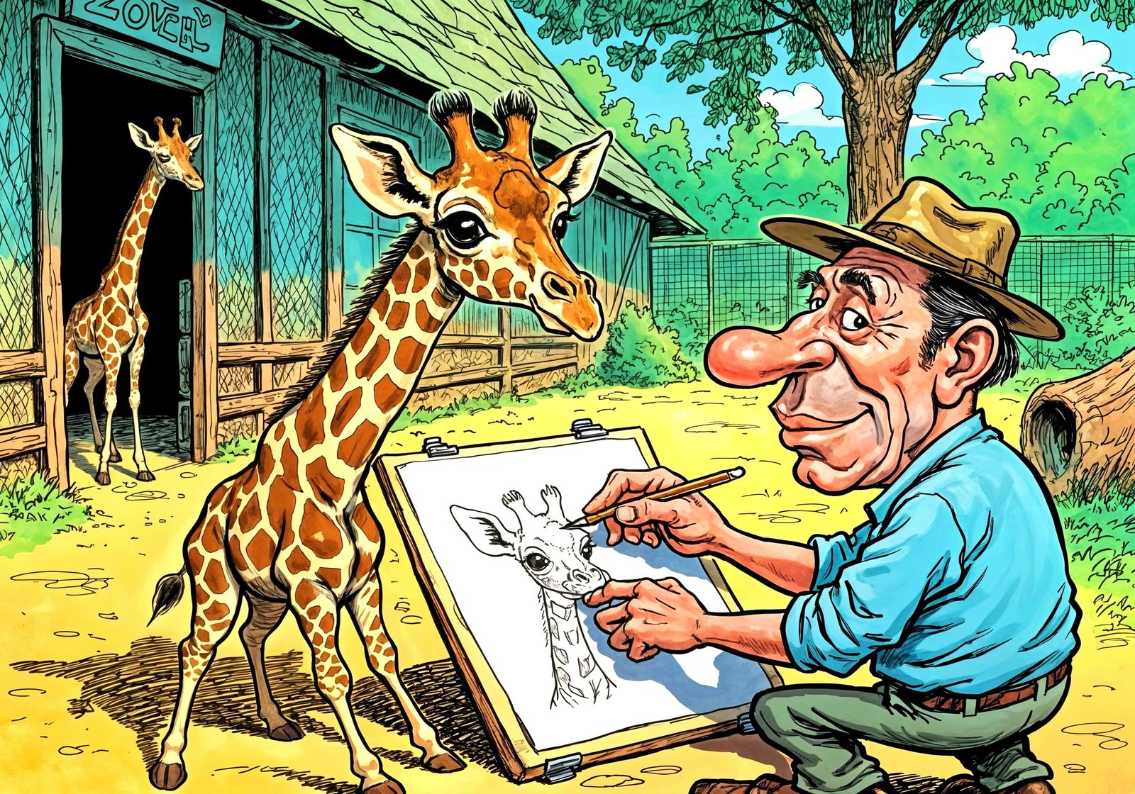 Baby Giraffe Caricature Drawn by Artist in Zoo
