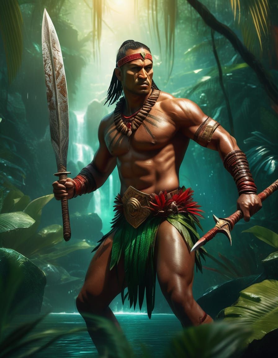 Surreal Jungle Warrior in Emerald Green and Crimson Accents