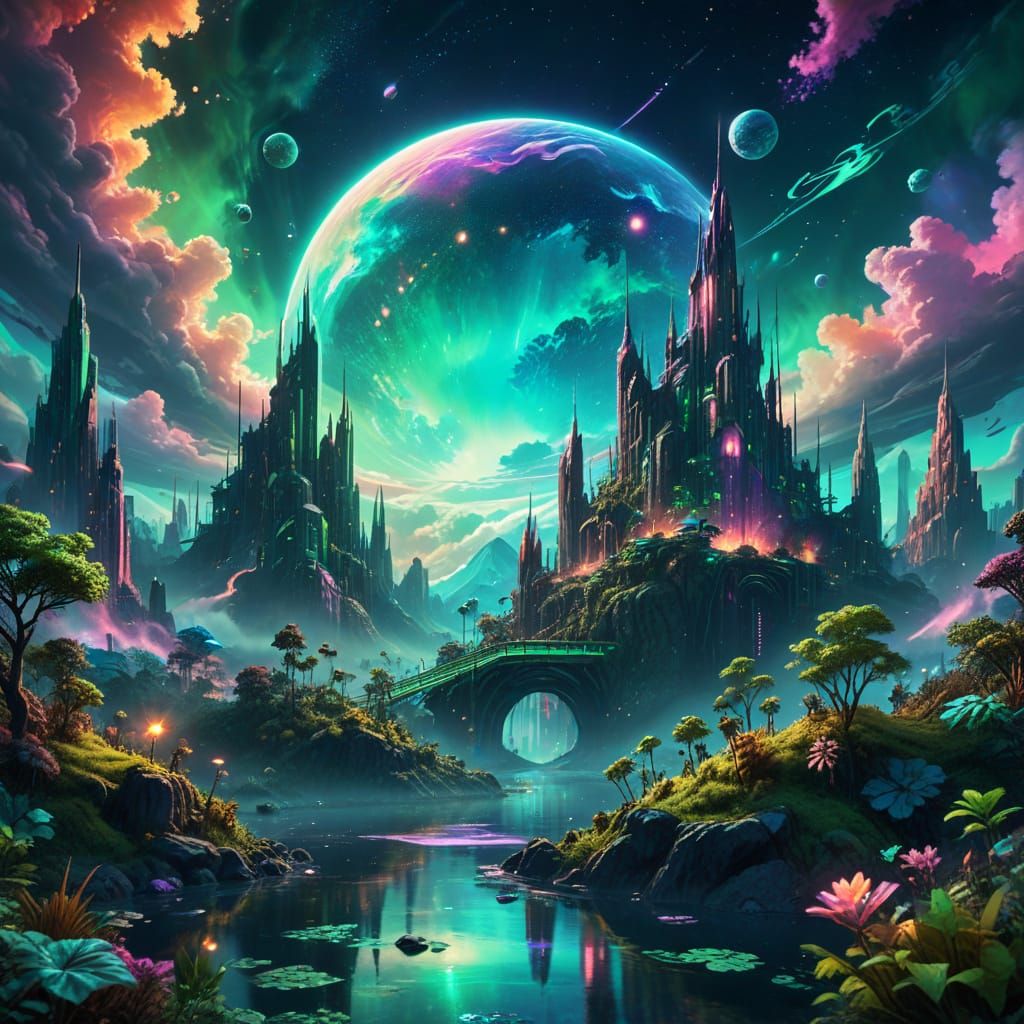 Vibrant Cosmic Metropolis in Lush Atmosphere