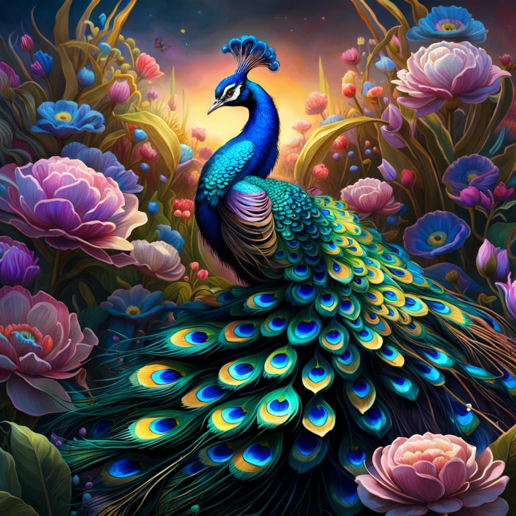 Bioluminescent Peacock in Magical Flower Field