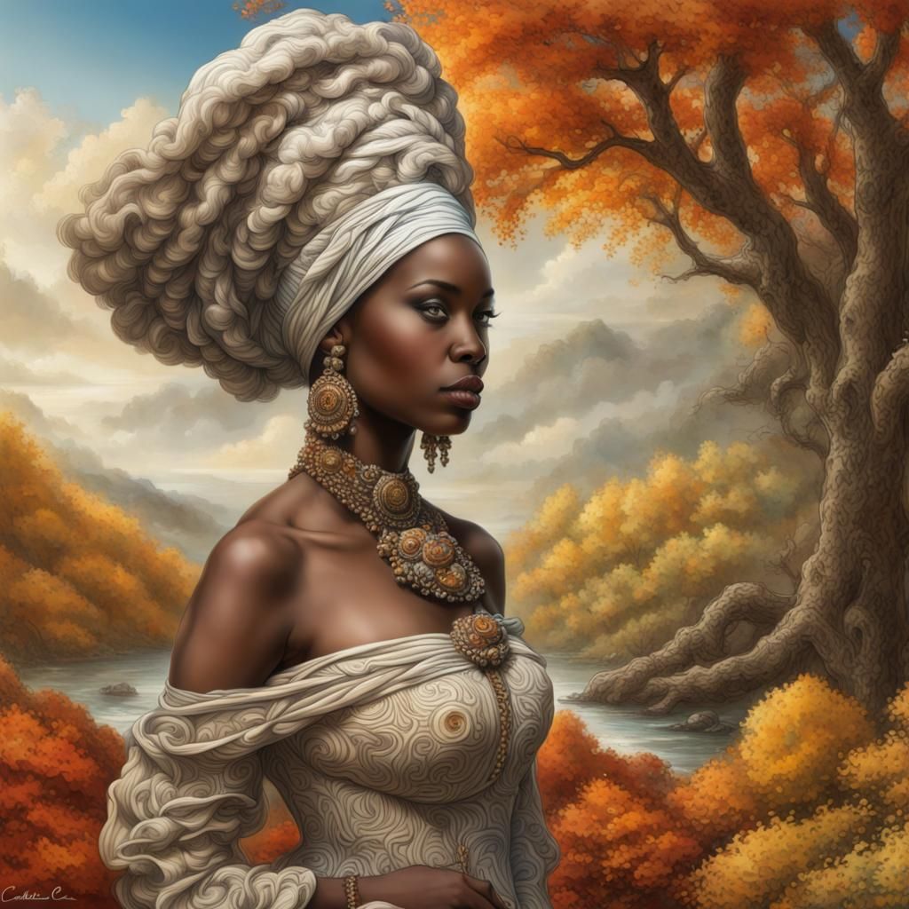 Dramatic Autumnal Portrait of African Woman in Folk Art Styl...