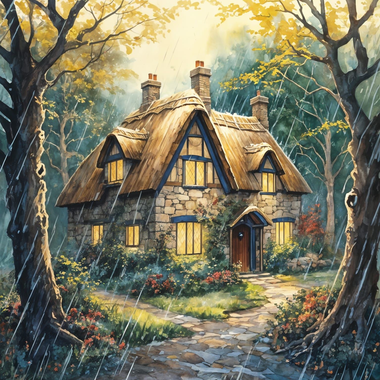 Cozy Cottage in a Stormy Forest Landscape