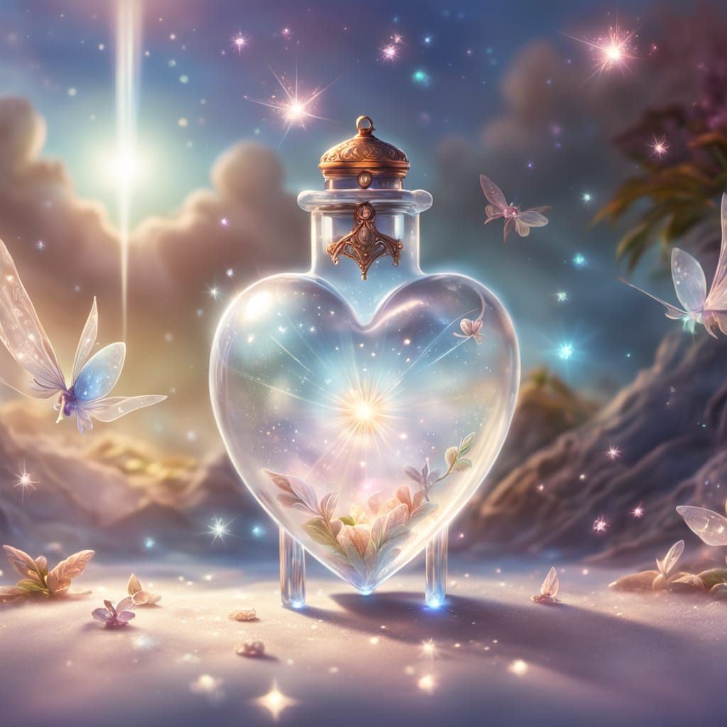 Glowing Crystal Heart Vial in Ethereal Fantasy Style