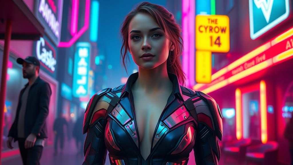 Cyberpunk Captain America Woman in Neon Cityscape