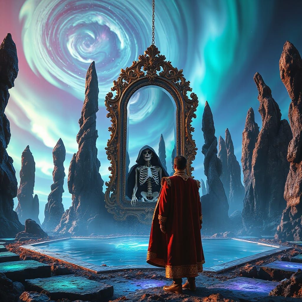 Ornate Mirror Reflects Death Under Aurora Sky