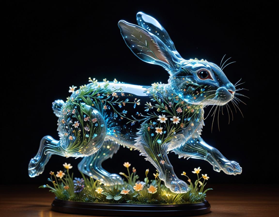 Ethereal Crystal Rabbit Illuminated by Fireflies
