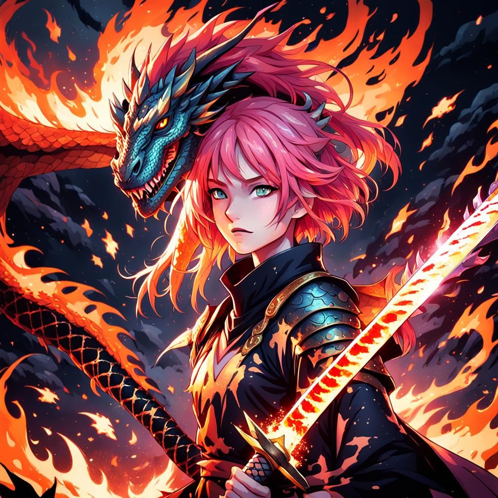 Girl and Dragon with Fire Sword in Anime Style