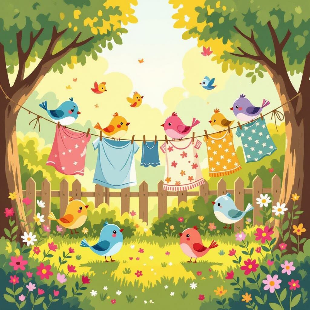 Whimsical Birds Hanging Laundry in Storybook Style