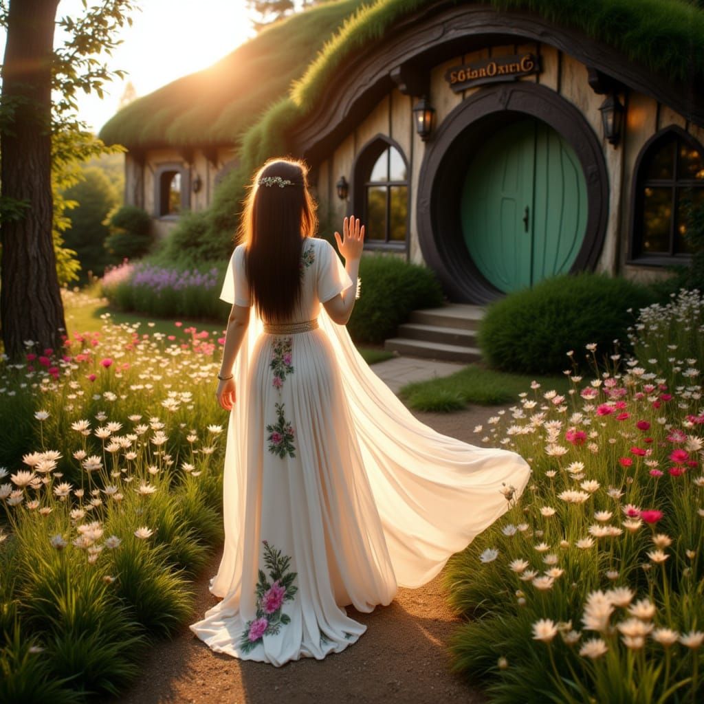 Elegant Elf Lady in Whimsical Shire Setting