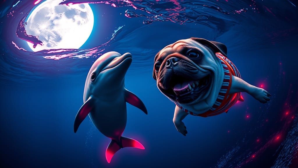 Dolphin and Pug in Neon Ocean Under Moon