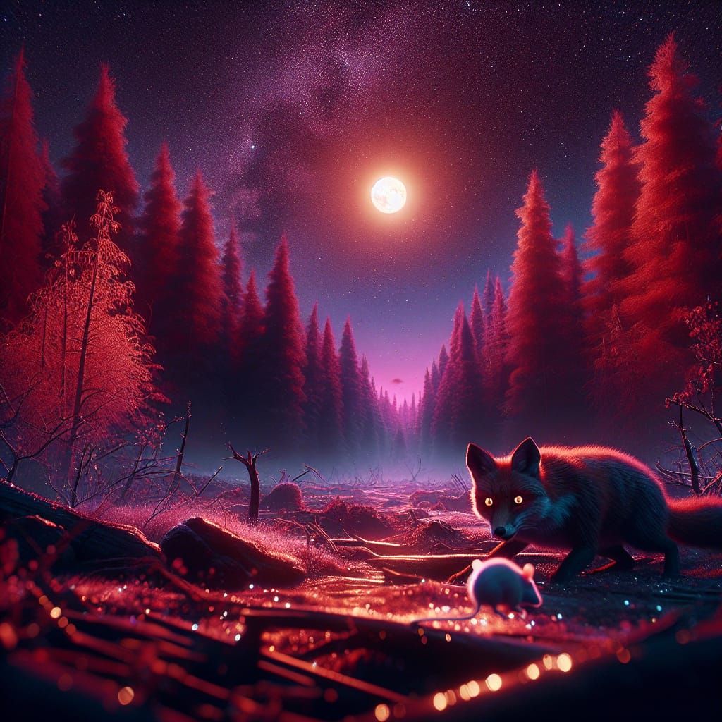 Fox Pouncing on Prey Under Moonlight