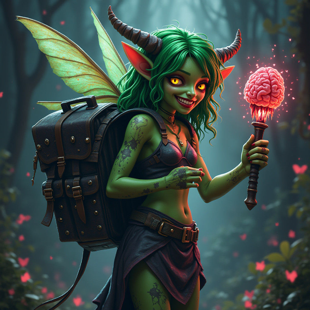 Pixelated Evil Fairy with Brain, Dark Fantasy Art