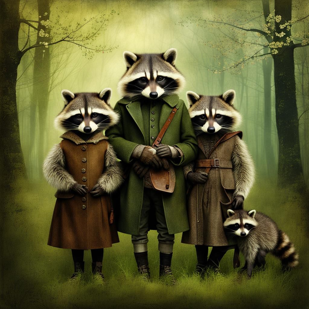 Raccoon Family in Spring Woods: Surreal Illustration