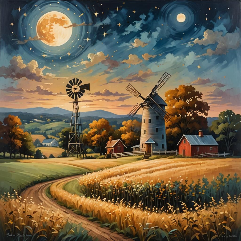 Harvest Moon Over Rural Landscape in Folk Art Style