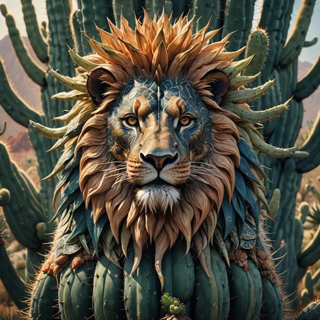 Majestic Lion-Cactus Creature in Dreamlike Concept Art