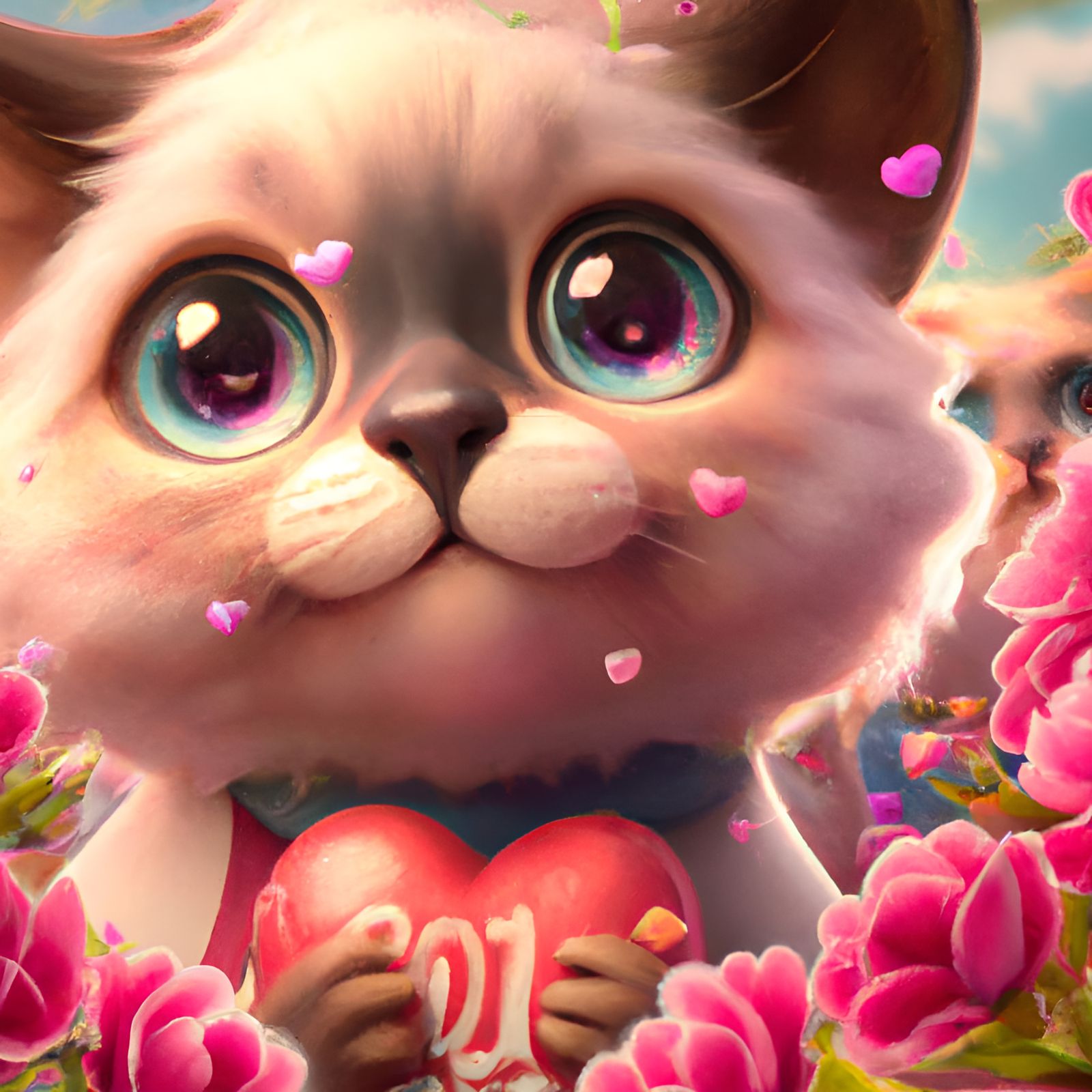Adorable Kitten Surrounded by Hearts and Flowers