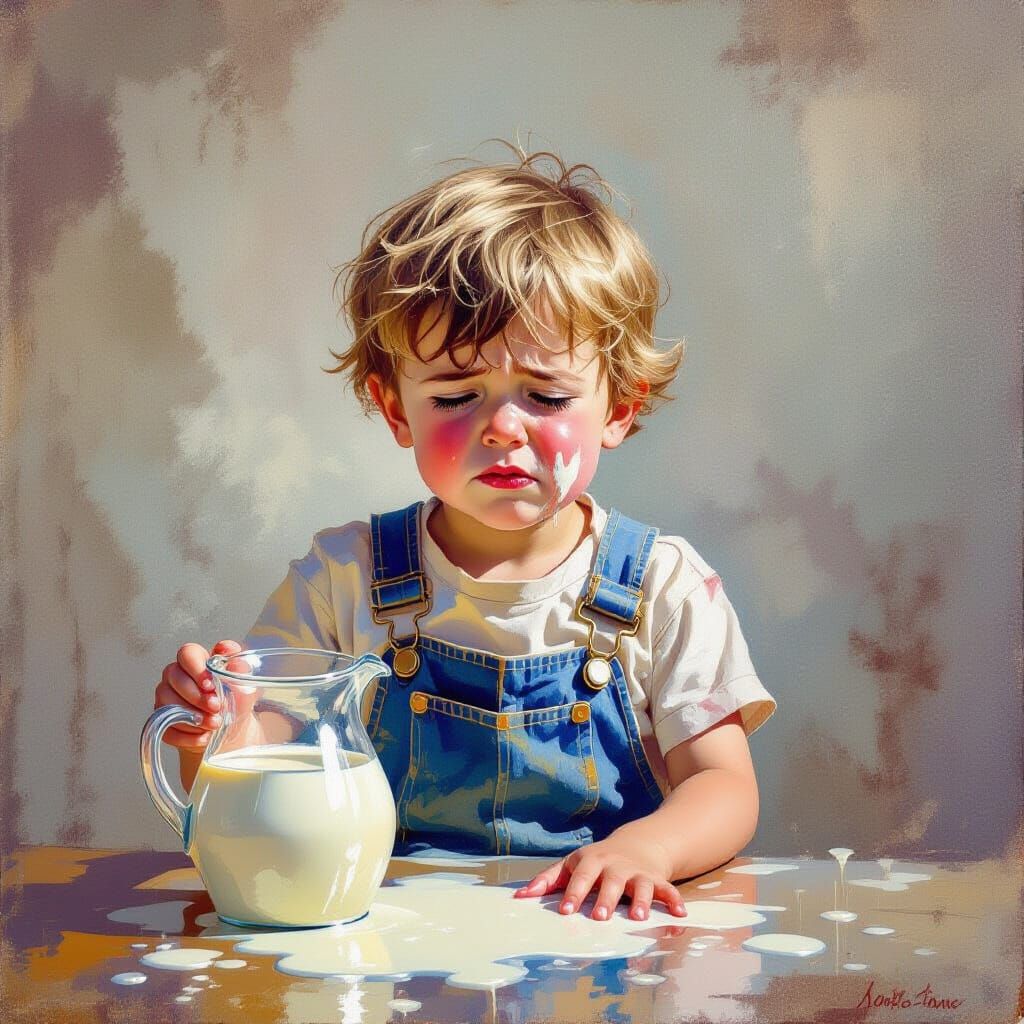 Boy Cries Over Spilled Milk: Gouache and Watercolor