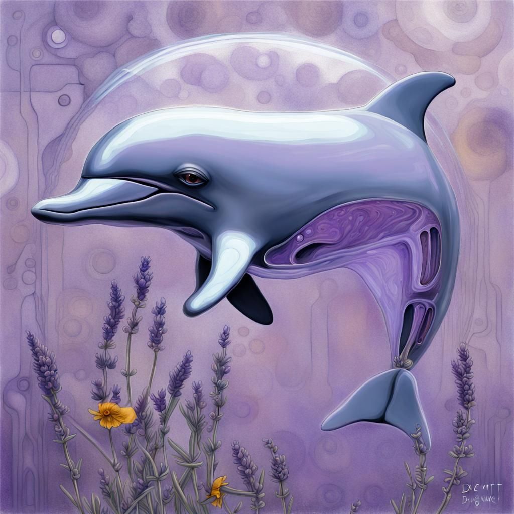 Cybernetic Dolphin in Lavender Hues, Digital Art in Klimt's....