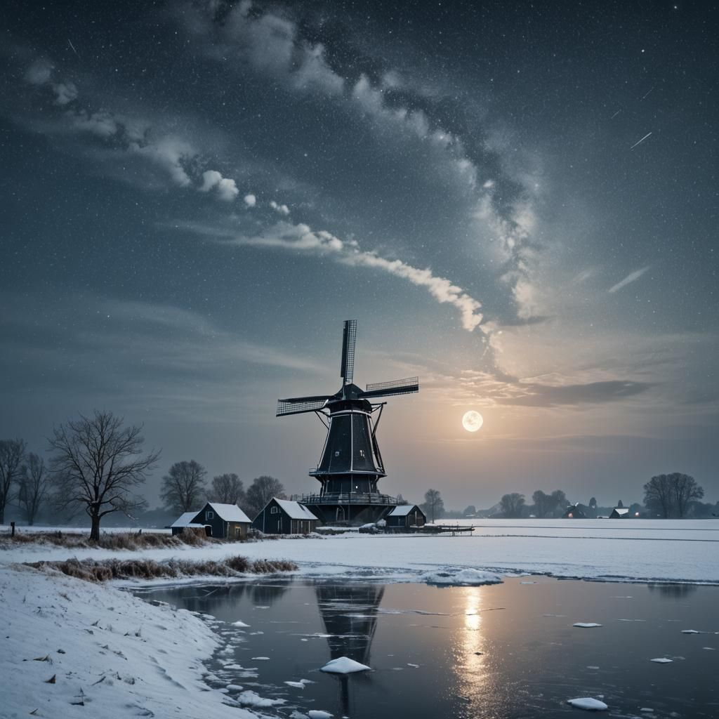 Winter Windmill at Night: Dutch Masterpiece