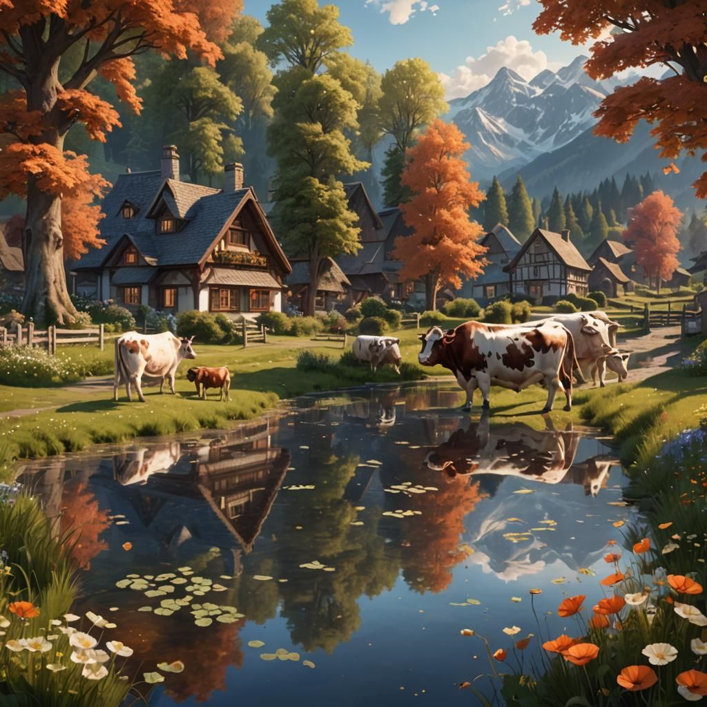 Riverside Cottages and Cows in Poppy Meadow