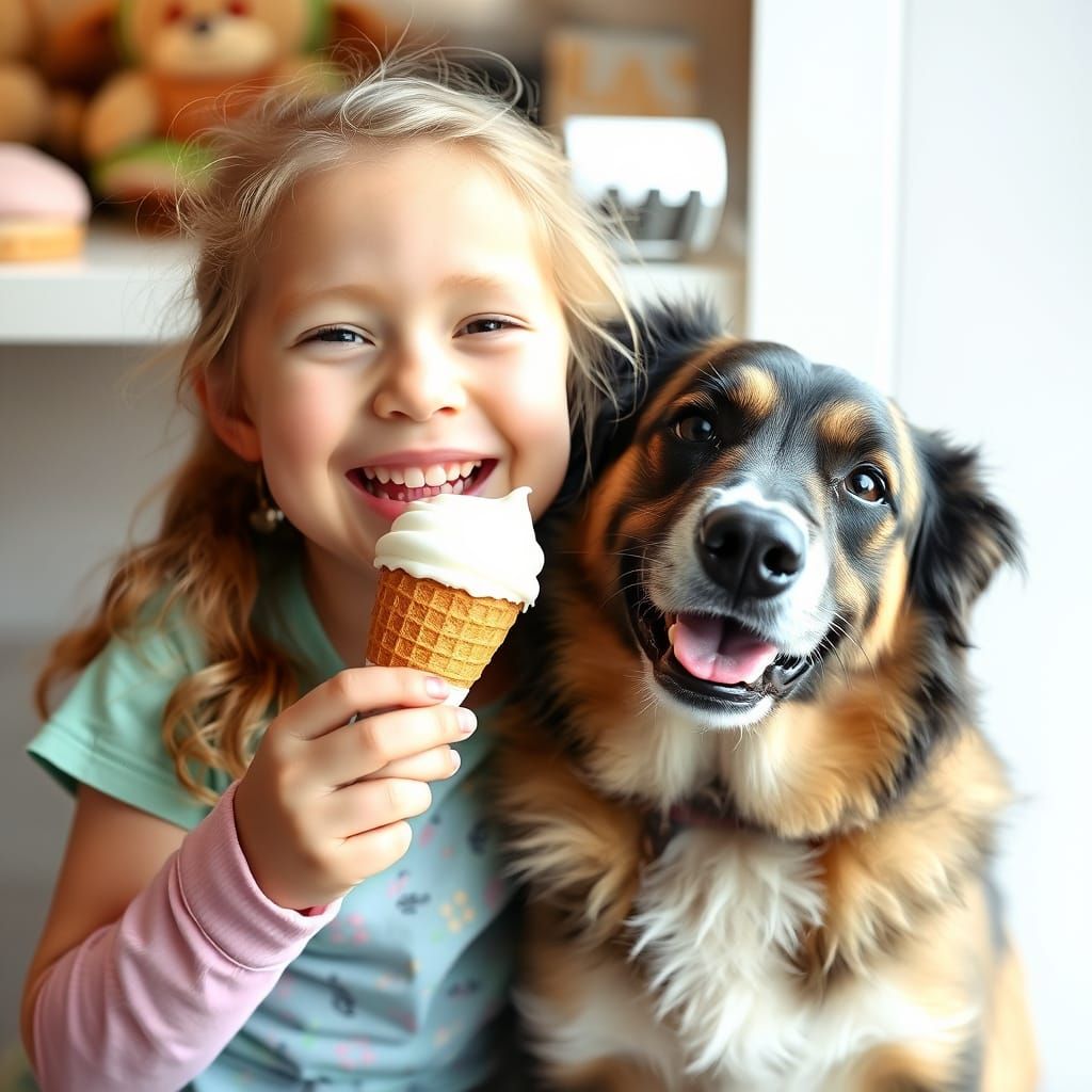 Child Shares Ice Cream with Dog
