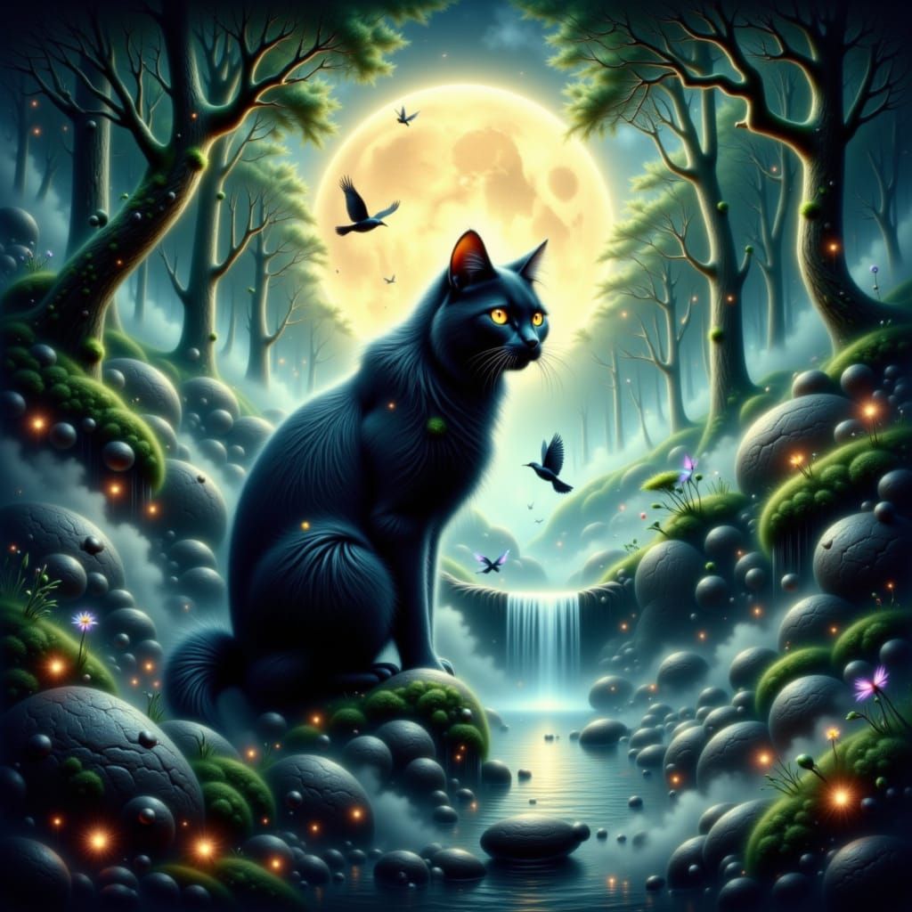 Enchanted Forest Cat Silhouette Double Exposure