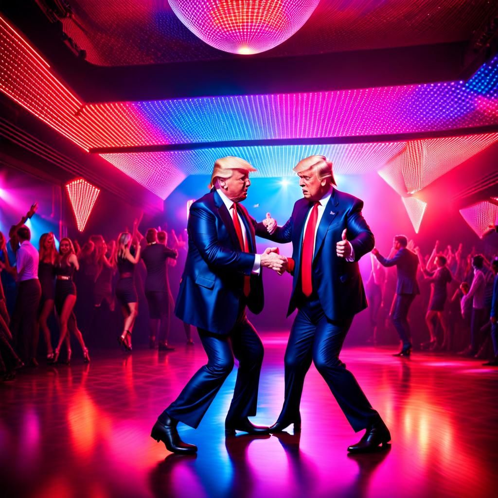 Goofy Donald Trump Twins hug and dance with each other in a downtown dance club