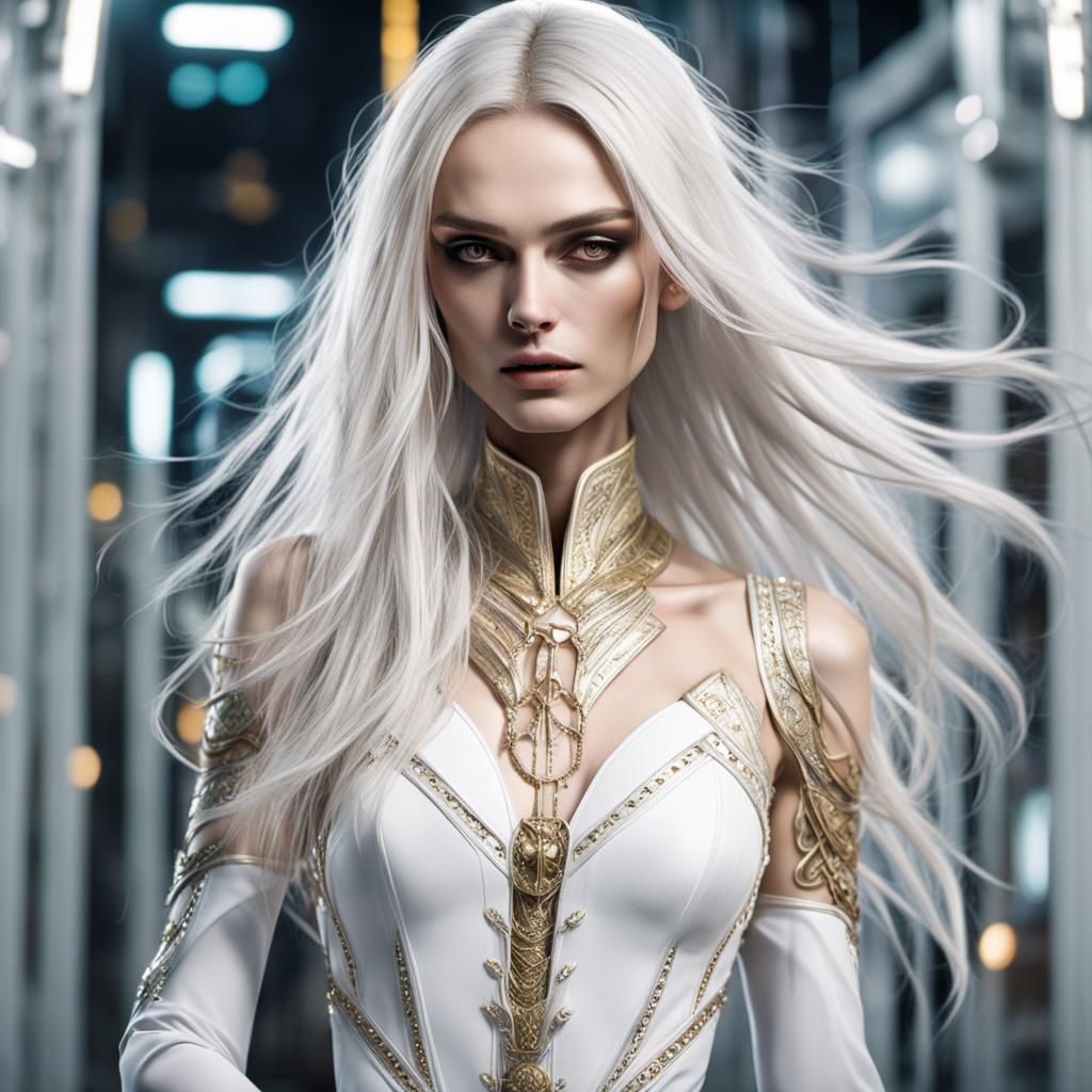 Cyberpunk Girl with White Hair and Golden Eyes