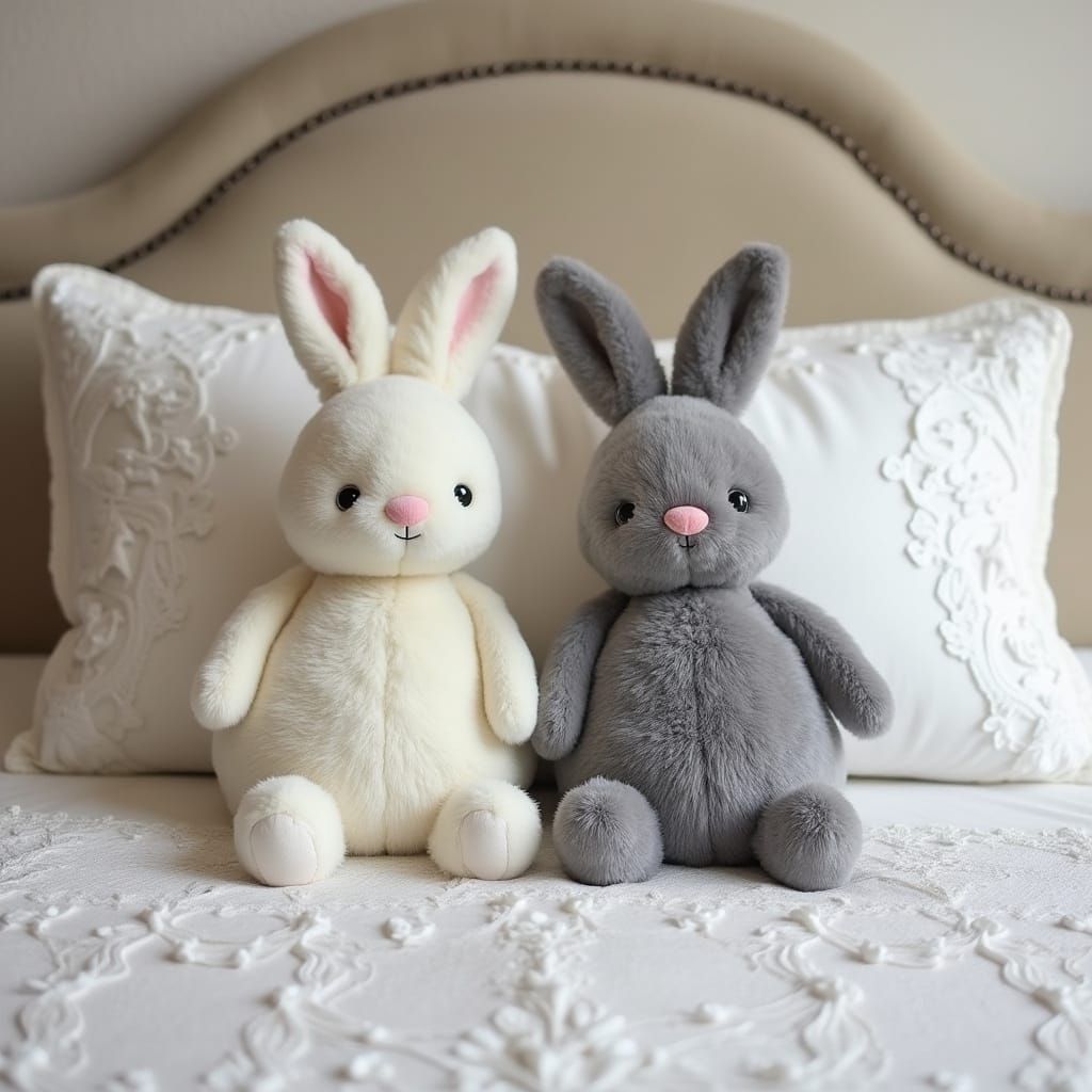 Delicate Beatrix Potter-Inspired Bunnies on Velvet Bed