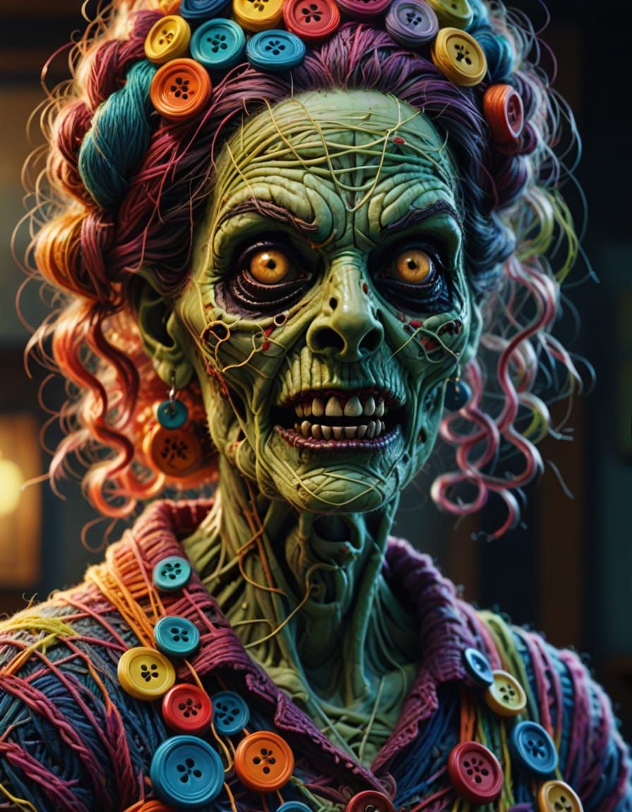 Yarn Zombie Housewife in Vibrant Digital Art