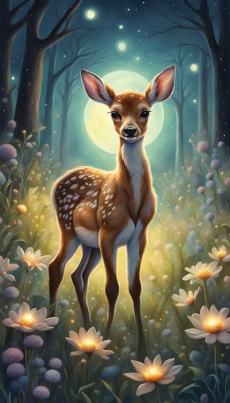 Fantasy Fawn in Moonlit Flower Forest