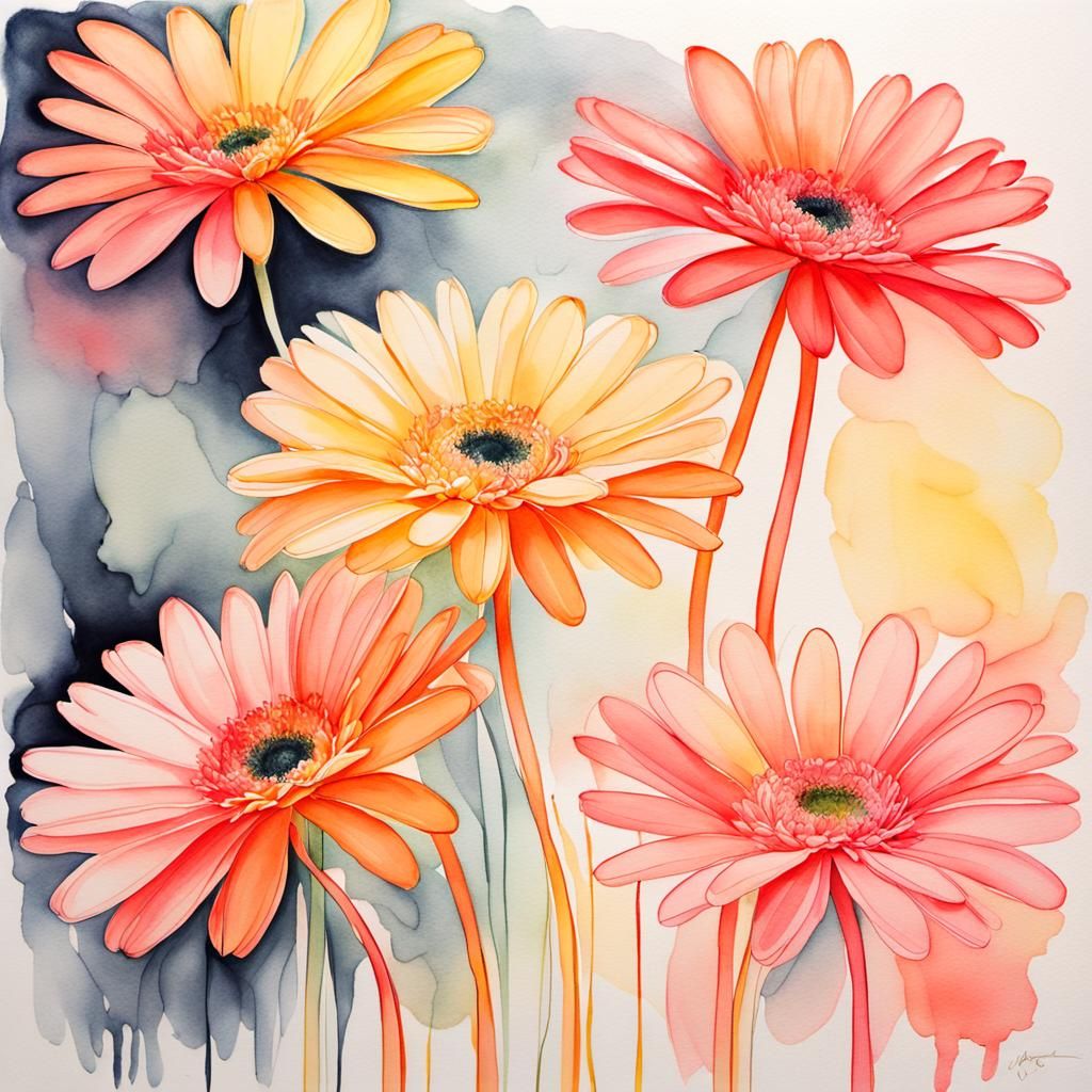 Gerberas in Minimalist Ink Sketch with Pastel Hues